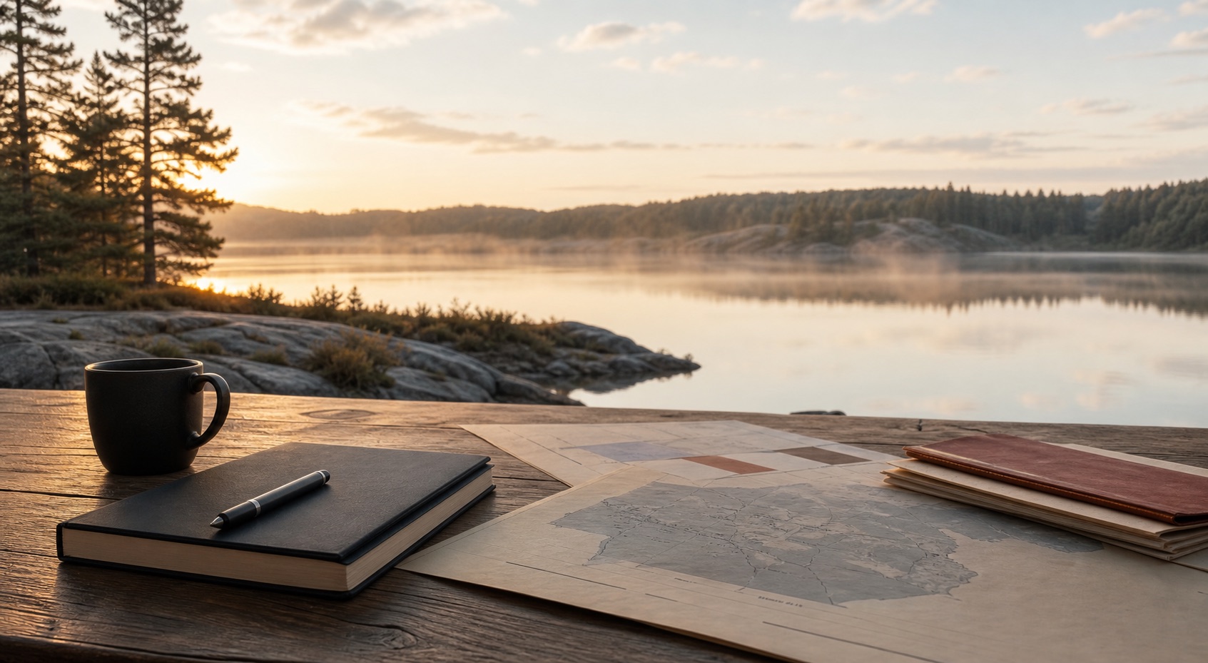Morning lakefront planning table with documents and a forested shoreline